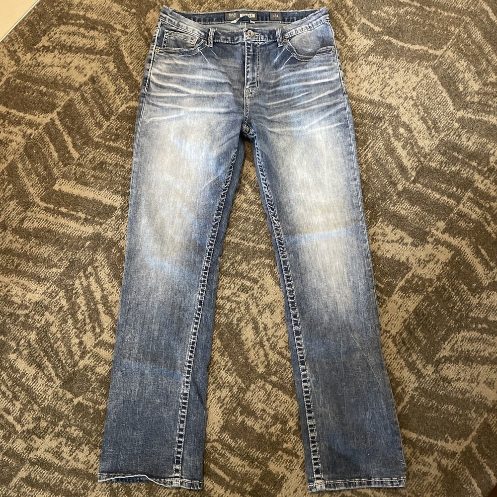 BKE Tyler Straight Leg Jeans Mens 34L Light Wash Denim Blue Whisker Fading EUC